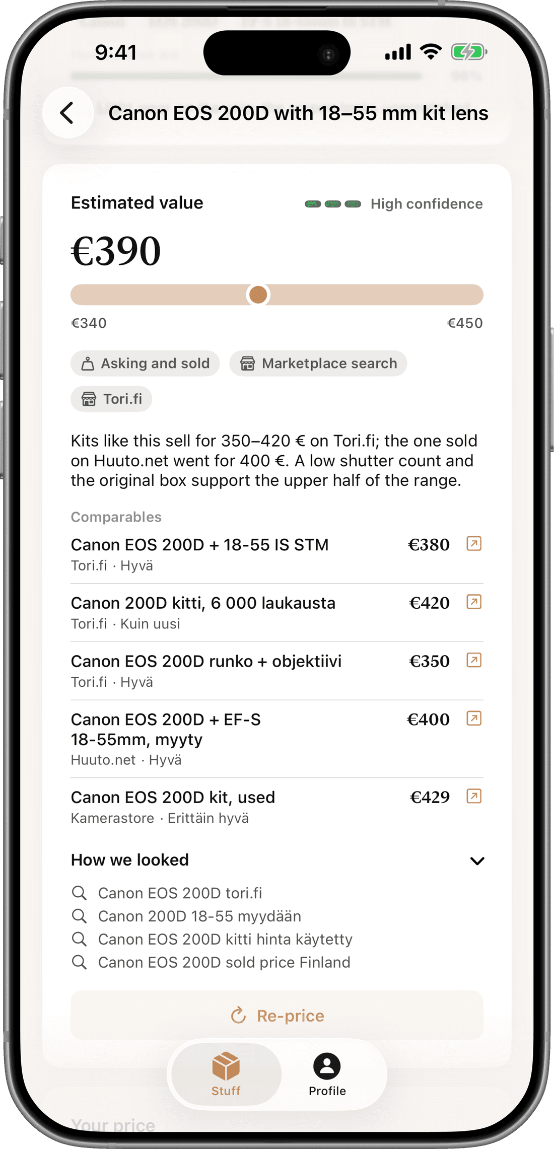 The My Stuff item screen for a Canon EOS 200D kit: an estimated value of 390 euros in a range from 340 to 450, high confidence from asking and sold prices, and the comparable listings behind it with their prices and links.